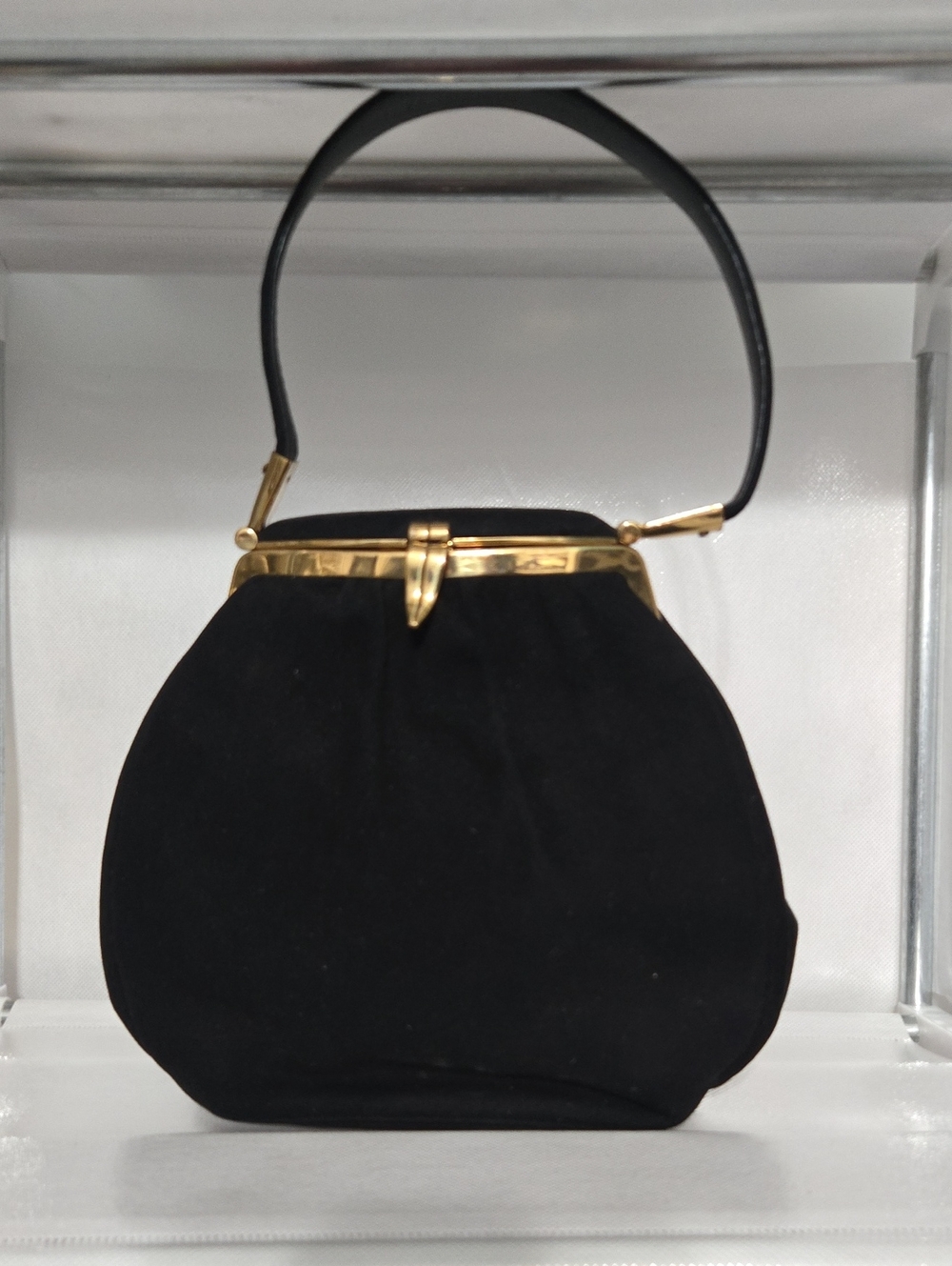 Cobletz Original Black Suede Mini Top-Handle Bag with Gold Frame H7xW8xD3